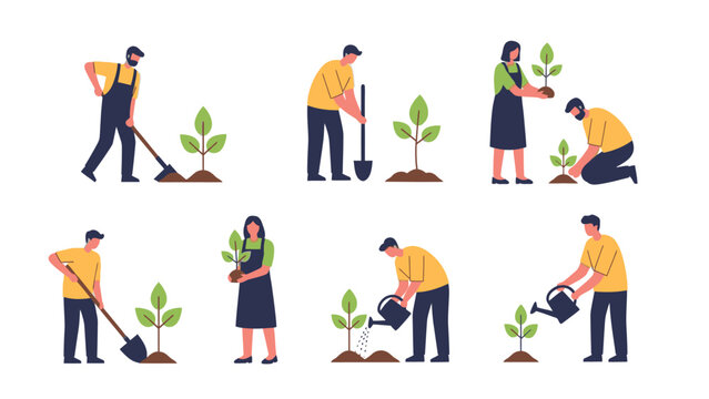 Illustration of people planting trees in various stages with shovels and watering cans against a clean white background.