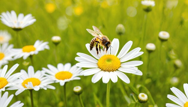 Honigbiene sammelt Nektar auf einer wei&szlig;er Margerite im Sommer