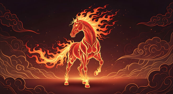 Tribal tattoo design of a fantasy dragon and fiery horse silhouette with red flames and gold swirl patterns in a vector art illustration on a black background