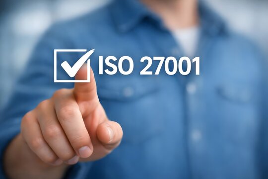 ISO 27001 concept. requirements, certification, management, standards. Businessman tick correct mark ISO 27001 for information security management system (ISMS).