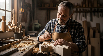 A focused elderly craftsman using a chisel to carve intricate designs into a piece of wood at his sunlit workbench filled with traditional woodworking tools