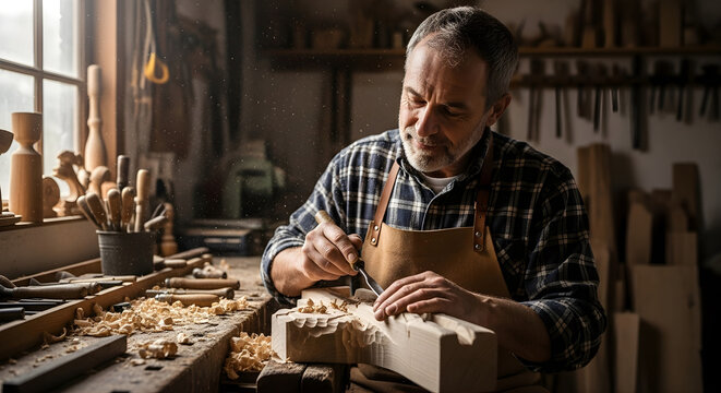 A focused elderly craftsman using a chisel to carve intricate designs into a piece of wood at his sunlit workbench filled with traditional woodworking tools