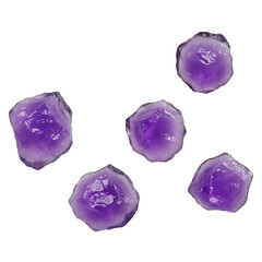 Fototapeta premium This image features a set of five purple gemstones arranged against a clean white backdrop, showcasing their unique shapes and vibrant color.
