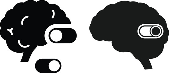 Fototapeta premium Conceptual illustration of human brain icons with power switches, symbolizing the activation and deactivation of mental processes, cognitive states, and the idea of thought control