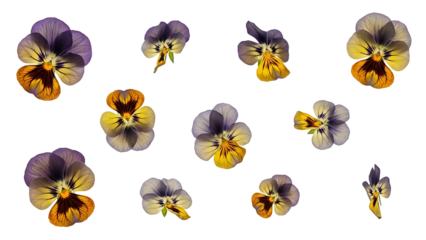 A collection of pansy flowers in various shades of purple and yellow, arranged on a clean white background. The flowers are scattered randomly, showcasing their delicate petals and vibrant colors.