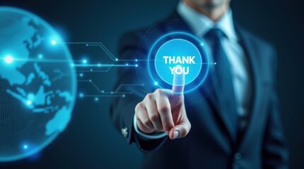Businessman finger touches thank you button on futuristic digital interface