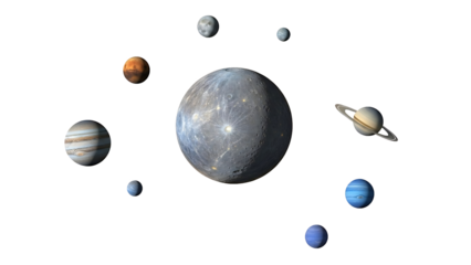 A star is surrounded by multiple planets of varying sizes and colors, showcasing a diverse planetary system.