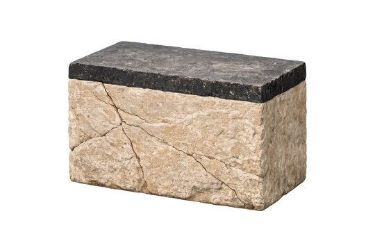 Stone block displaying a cracked face and solid dark top, providing a rugged, textured element perfect for architectural design