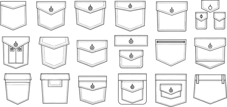 Vector collection of twenty different technical flat sketches illustrating various styles of pocket designs with flaps, buttons, stitching, and different shapes for fashion illustration.