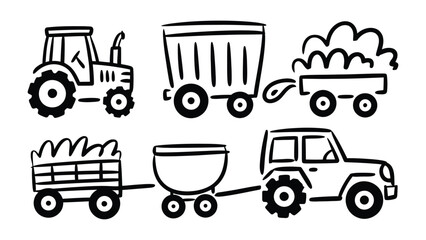 Farm Vehicles Illustrations: A collection of simple line drawings showcase various farm vehicles, illustrating the essential tools of agriculture, ready for harvest. © Abu
