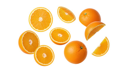 Oranges falling PNG. Orange citrus fruit wedges and slices flying isolated. Fresh juicy food levitation concept for vitamin drink advertisemen PNG. Healthy vegetarian orange fruit snack isolated