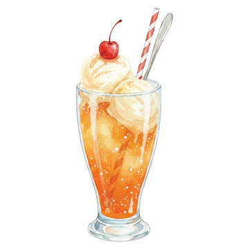 Watercolor Ice Cream Float Soda Drink with Straw and Cherry, Refreshing Summer Beverage Illustration, Vector Isolated on White Background
