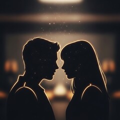 Silhouettes of a man and woman facing each other with glowing outlines and stardust