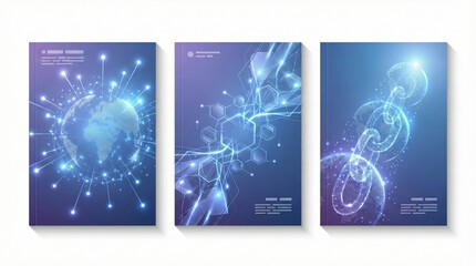 Set of futuristic digital abstract covers with global network,hexagons and blockchain chain elements,technology innovation design templates for business or science