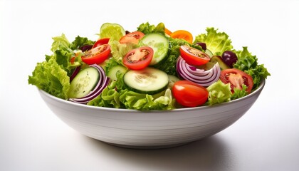 fresh mixed salad with vibrant vegetables on a white background for healthy eating isolated on solid white background