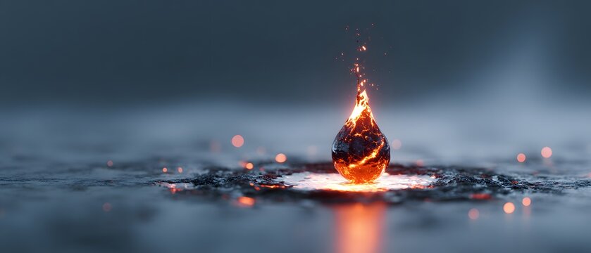 The Eternal Spark, A Glowing Fire Droplet on Frozen Ground