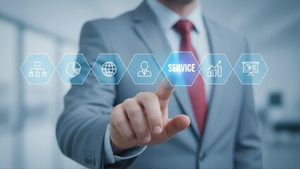 A business service professional using a touchscreen interface to interact with service options and data icons.