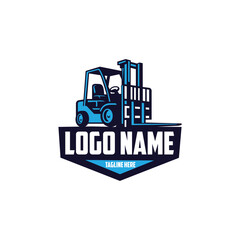 Modern flat vector logo featuring a forklift vehicle inside a bold badge emblem with placeholder text. This design represents warehouse operations, logistics services, material handling © mcjoey