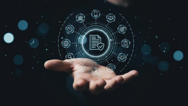 Hand holding a digital shield and document icon surrounded by data security and settings symbols - Powered by Adobe