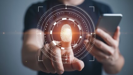 Person using fingerprint biometric security on smartphone with digital interface emphasizing privacy protection