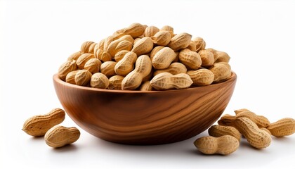 shelled peanuts in a wooden bowl isolated on solid white background format