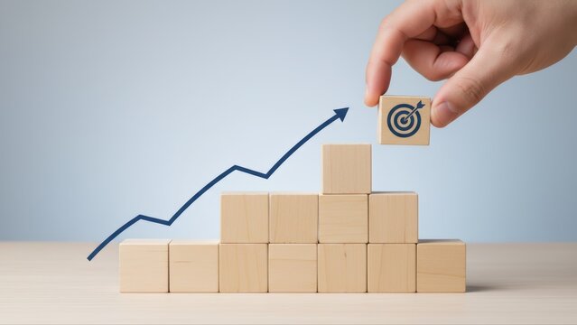 Hand placing the final wooden block with a target symbol on top generic a growth chart to inspire goal achievement.