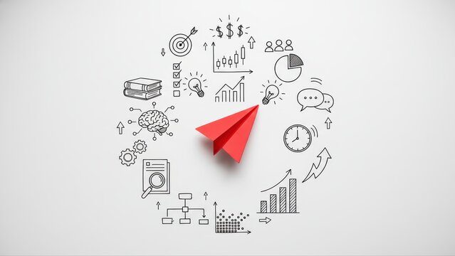 Red paperplane surrounded by business strategy icons with money symbols, an arrow, and a checklist on white background.