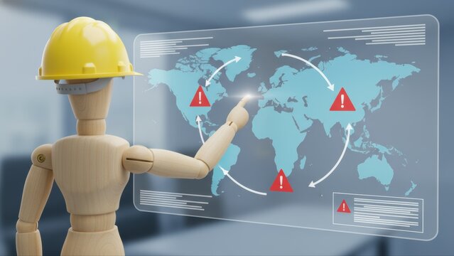 Wooden mannequin with a yellow hard hat interacting with a digital world map for risk management analysis - Powered by Adobe