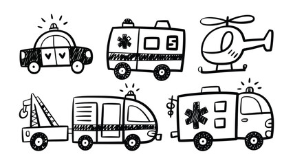 Emergency Vehicle Doodle: A collection of hand-drawn emergency vehicles, each with its unique design, showcasing the diversity of services