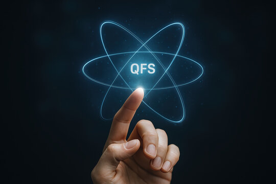 A generic interacts with futuristic technology signaling the QFS network in a glowing digital interface.