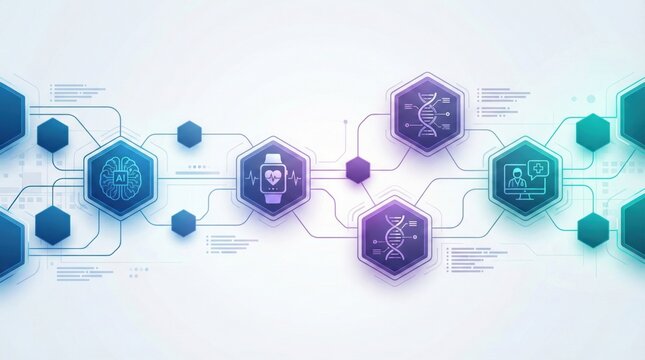 Abstract concept of artificial intelligence in healthcare,AI enabled wearable devices,DNA research,telemedicine and medical technology digital transformation - Powered by Adobe