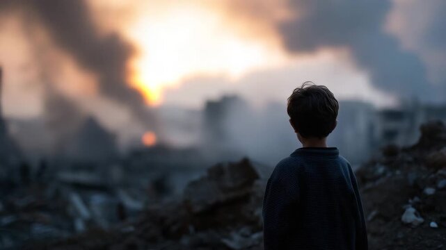 child standing alone in war-torn landscape, surrounded by ruins and smoke, symbol of loss and innocence in conflict, dramatic cinematic lighting war child, destroyed city, afterma 4K