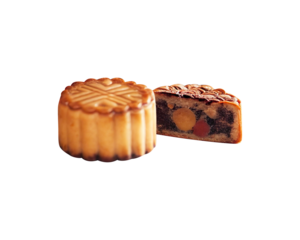 A close-up photograph featuring a whole traditional Chinese moon cake next to a slice revealing its rich, mulch-ingredient filling, likely containing nuts and dried fruits on Transparent Background.