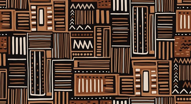 Seamless ethnic pattern with geometric shapes and tribal motifs in earthy colors.