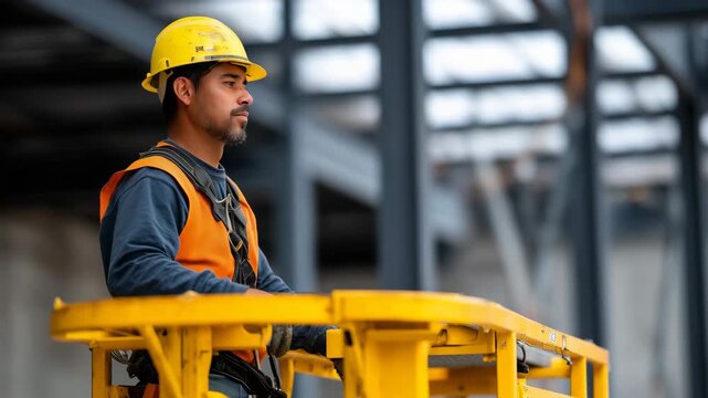 construction worker on a scissor lift platform at an industrial worksite, wearing a full-body safety harness and helmet, focused on performing maintenance or installation work  4K