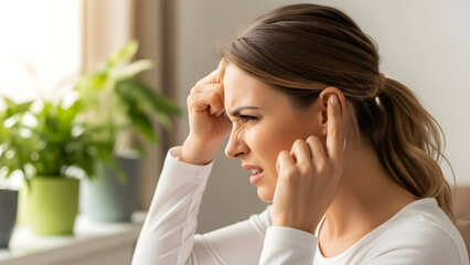 woman with eyes closed pressing her hands to her ears, appearing distressed &mdash; suited for sensory overload, anxiety, migraine, noise sensitivity, or mental‑health awareness content.

