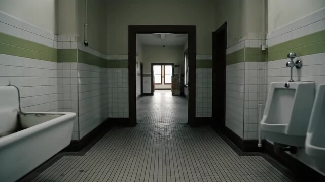 A slow dolly video moves through a desolate washroom with a stark white trough sink, urinals, and clinical tiled floor, revealing an eerie hallway. Unsettling abandonment atmosphere