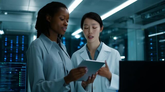 data center scene with two professional women collaborating in a high-tech control room. An Asian AI specialist and a Caucasian data scientist stand near glass walls ove  4K