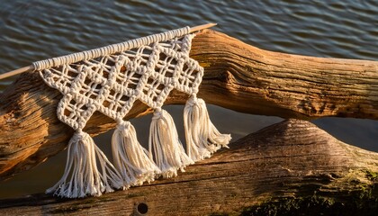 intricately knotted macrame on rustic driftwood evokes bohemian serenity perfect for tu bishvat reflections or world embroidery day