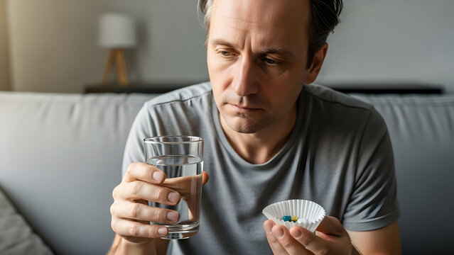 middle-aged man seated on a sofa holding a glass of water and a cup of pills, appearing concerned &mdash; great for medication adherence, elder care, prescription reminders, telemedicine, or mental-health m