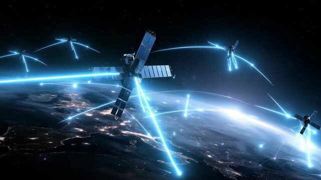 detailed space scene depicting multiple communication satellites orbiting Earth, interconnected by glowing data lines forming a global digital network. The planet&rsquo;s surface shows 4K
