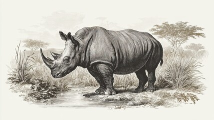 Obraz premium Wild rhinoceros near a stream in savanna landscape, detailed engraving sketch with trees and dry grass