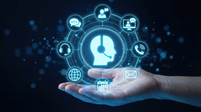 Hand holding digital icons representing customer service support with headset and phone communication options