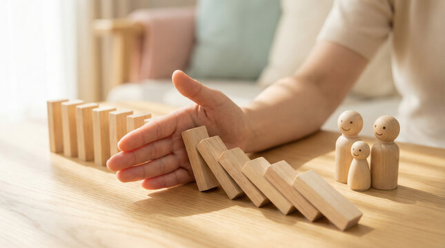 Hand stopping falling dominoes as a symbol generic protection and safety with a wooden family on the table showing responsibility.