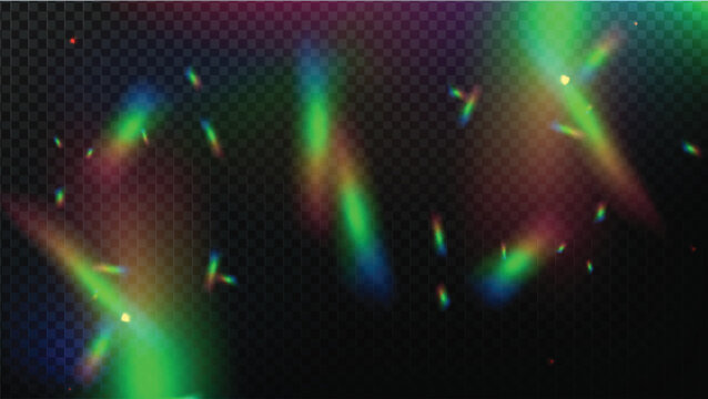 PNG Crystal Prism Light Effect Sparkle Glare Reflection Overlay. Glass Banner Optical Rainbow Lights, Chromatic Streak Rainbow Effect, Falling Confetti