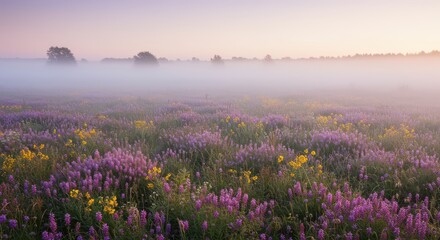 Naklejka premium Purple and yellow wildflowers bloom across a misty meadow at dawn