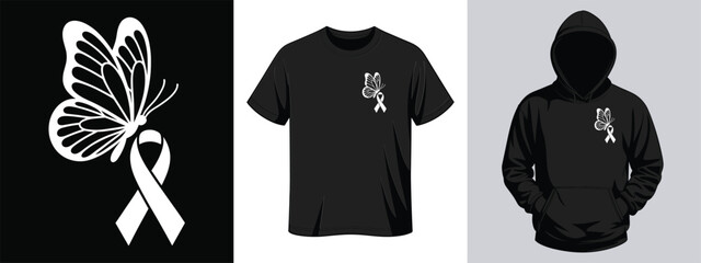 Butterfly and white ribbon graphic for awareness or memorial on black background