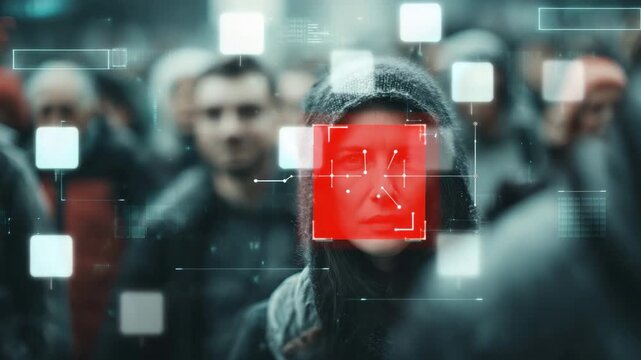 facial recognition technology scanning woman&rsquo;s face in public crowd, concept of artificial intelligence, surveillance and biometric identification facial recognition  4K