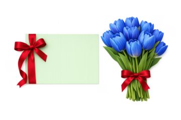 Blue tulip bouquet and blank gift card with red ribbon