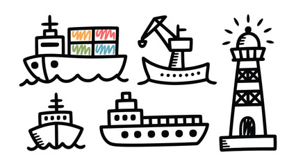 Fototapeta premium Maritime Icons: A collection of maritime icons representing ships, cargo, and a lighthouse, with each icon designed to evoke a sense of navigation and the sea.